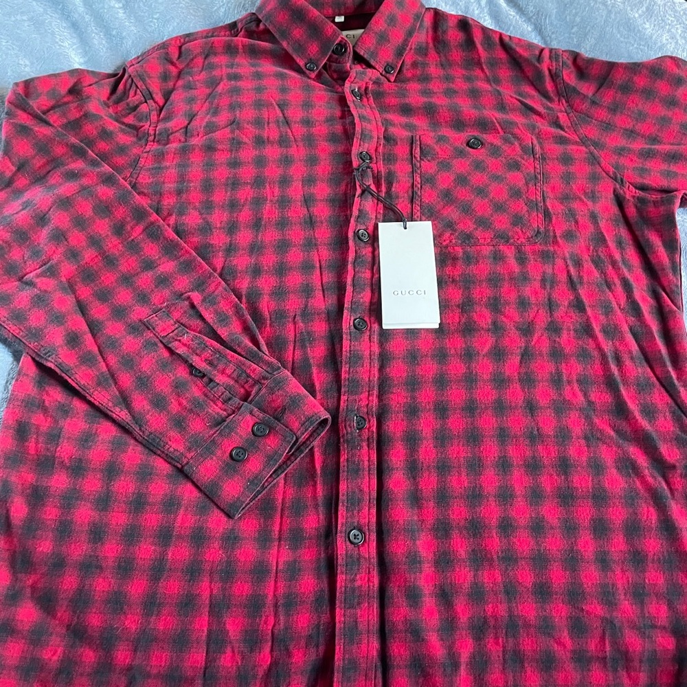 Gucci Mens Checked Wool Cotton Red Shirt Size 15.5 - Picture 3 of 8